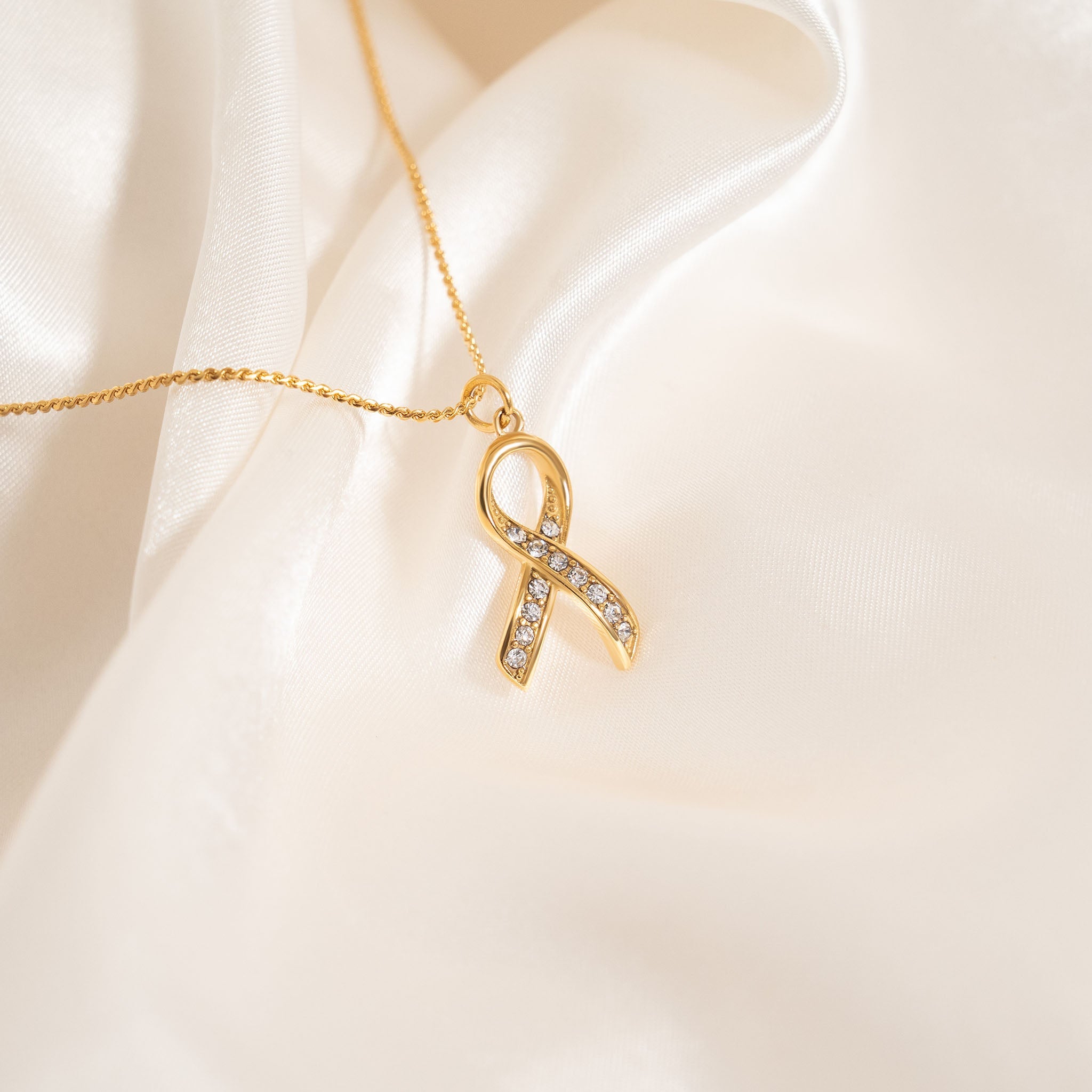 Cancer Ribbon Charm – 18K Gold Pendant with Sparkling Stones | Hypoallergenic Jewelry Gift