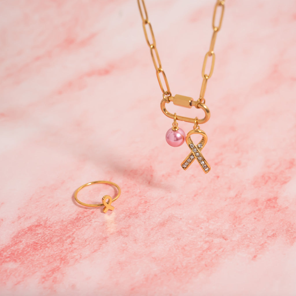 Cancer Ribbon Charm – 18K Gold Pendant with Sparkling Stones | Hypoallergenic Jewelry Gift
