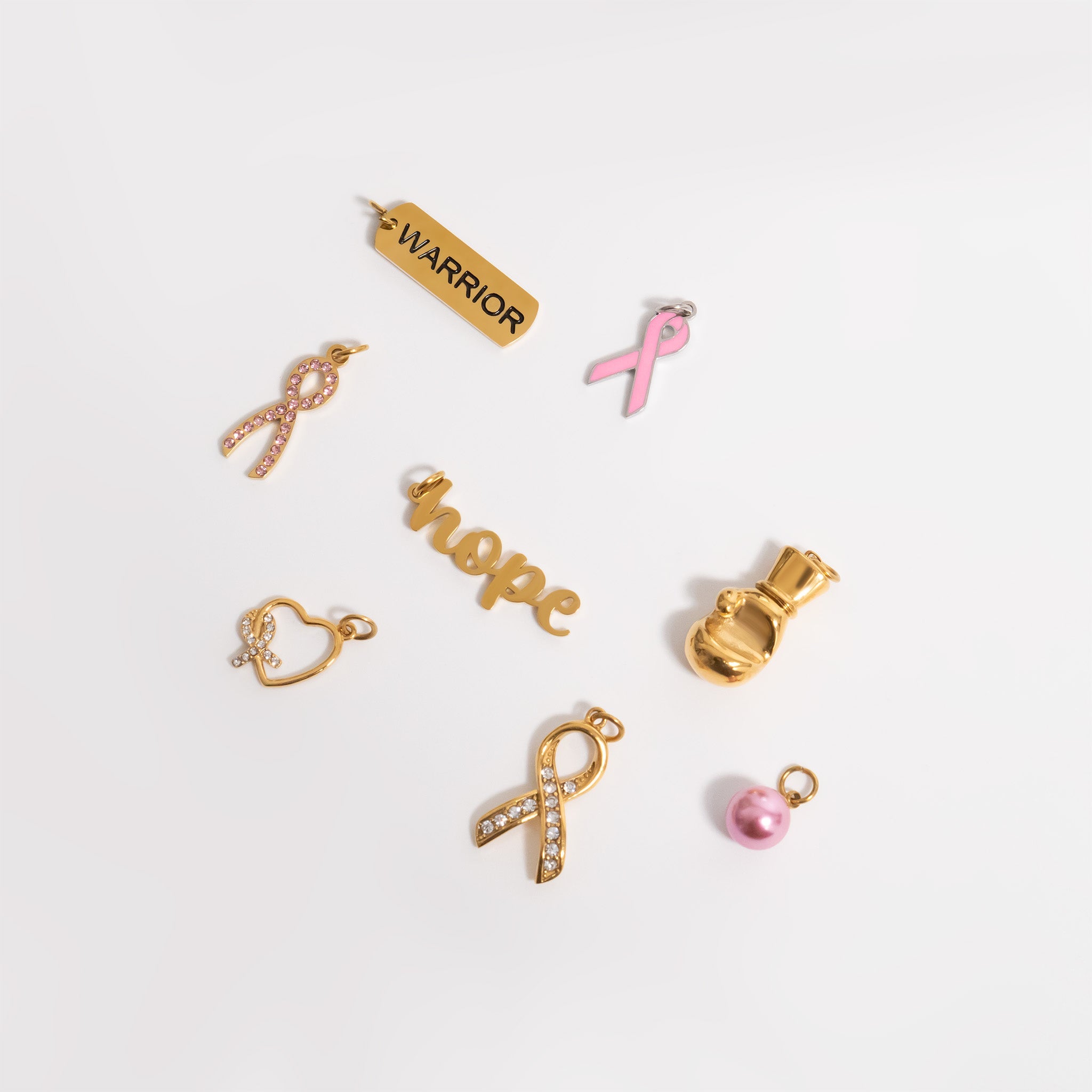 Cancer Ribbon Charm – 18K Gold Plated Stainless Steel Pink Enamel Breast Cancer Jewelry