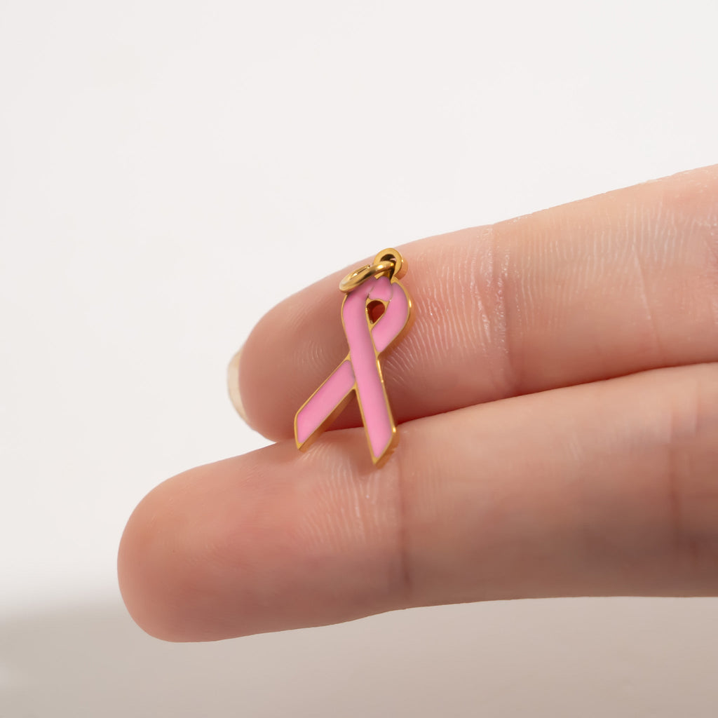 Cancer Ribbon Charm – 18K Gold Plated Stainless Steel Pink Enamel Breast Cancer Jewelry
