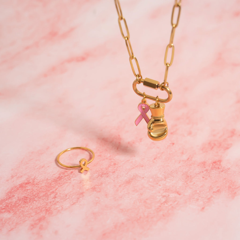 Cancer Ribbon Charm – 18K Gold Plated Stainless Steel Pink Enamel Breast Cancer Jewelry