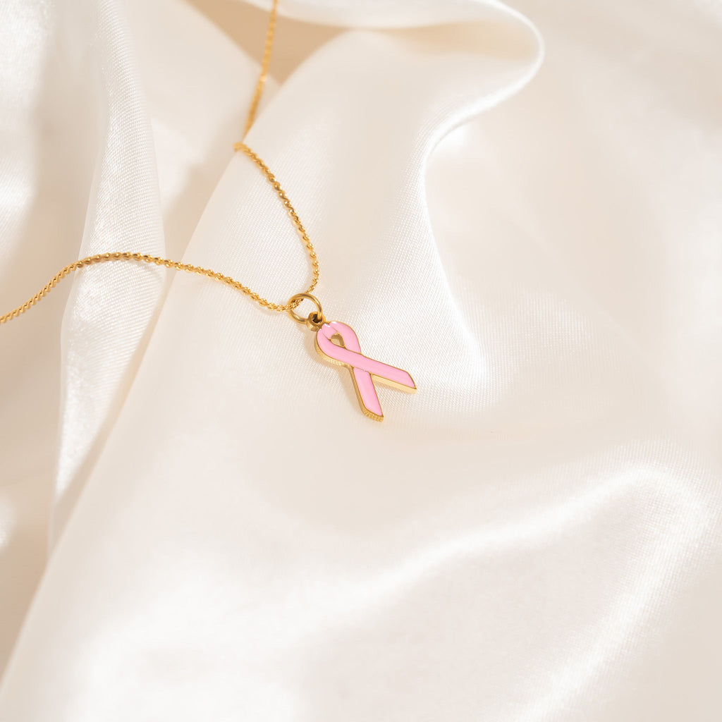 Cancer Ribbon Charm – 18K Gold Plated Stainless Steel Pink Enamel Breast Cancer Jewelry