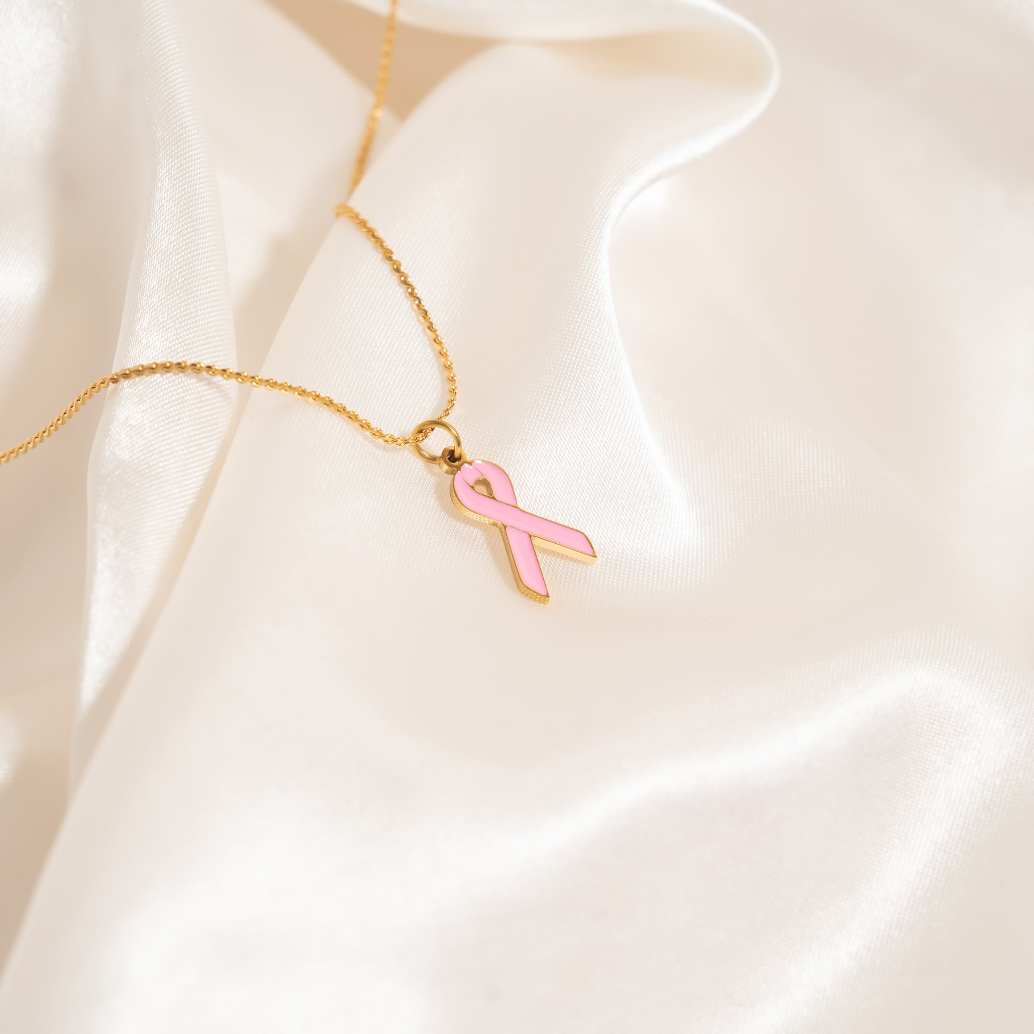 Cancer Ribbon Charm – 18K Gold Plated Stainless Steel Pink Enamel Breast Cancer Jewelry