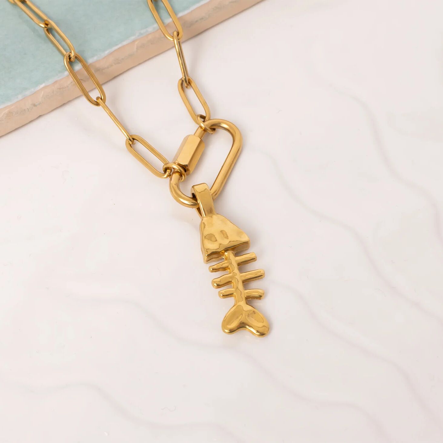 18K Gold Fish Bone Charm – Durable Stainless Steel Gold Plated Pendant
