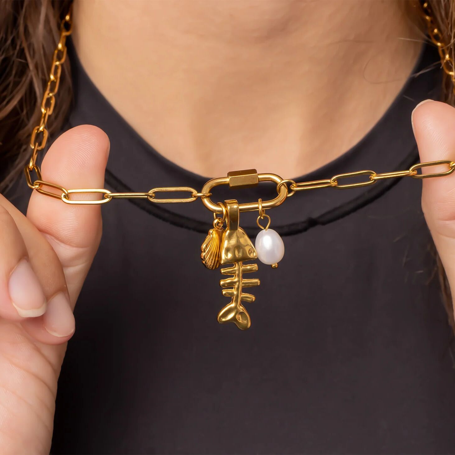 18K Gold Fish Bone Charm – Durable Stainless Steel Gold Plated Pendant