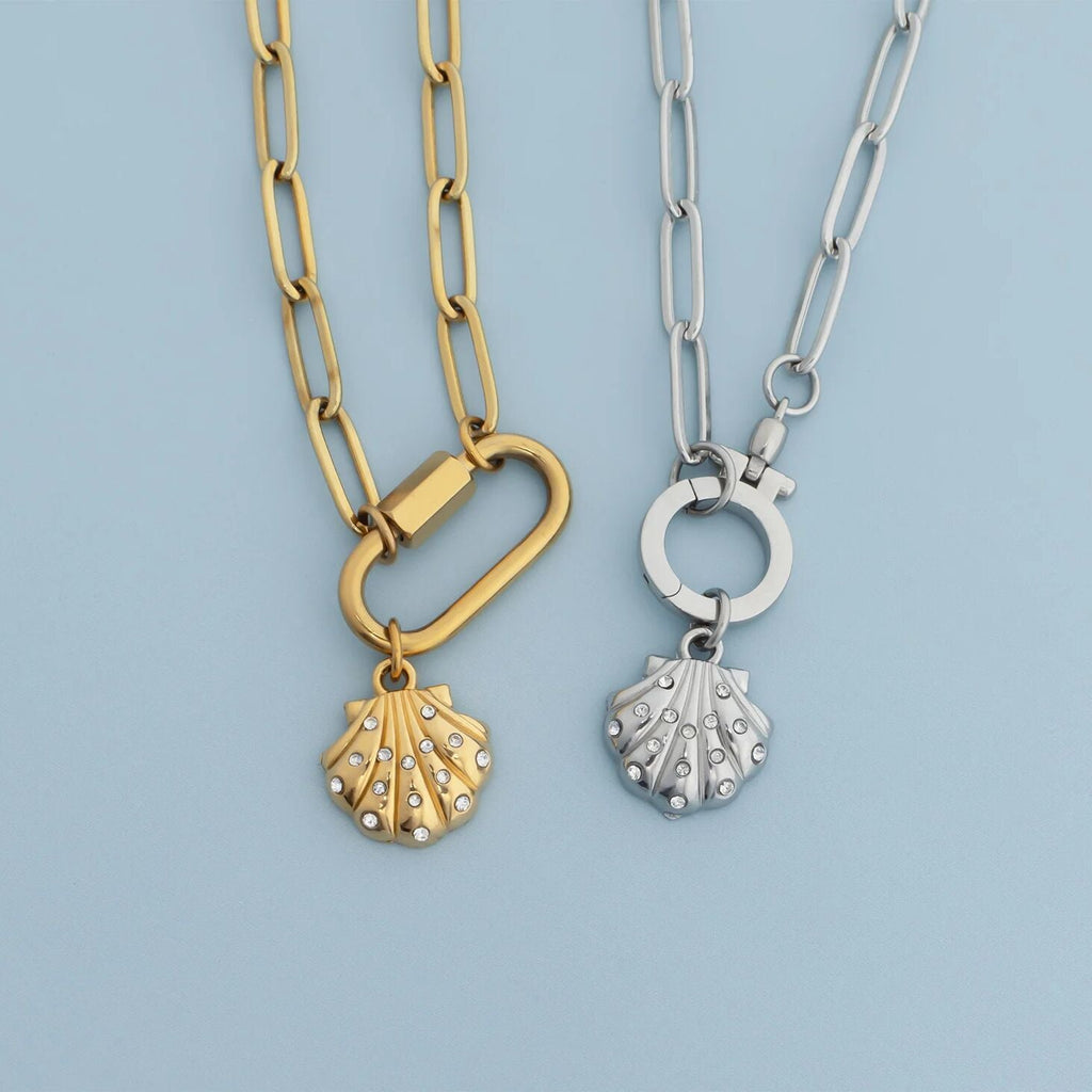 Gold Shell Charm – PVD Gold Jewelry with Hand Set Crystals | Stainless Steel Pendant