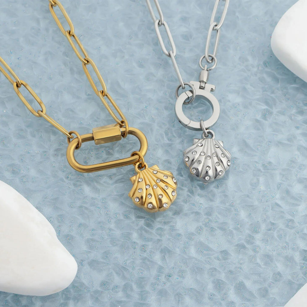 Gold Shell Charm – PVD Gold Jewelry with Hand Set Crystals | Stainless Steel Pendant