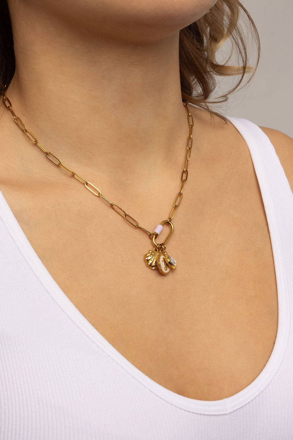 Gold Shell Charm – PVD Gold Jewelry with Hand Set Crystals | Stainless Steel Pendant
