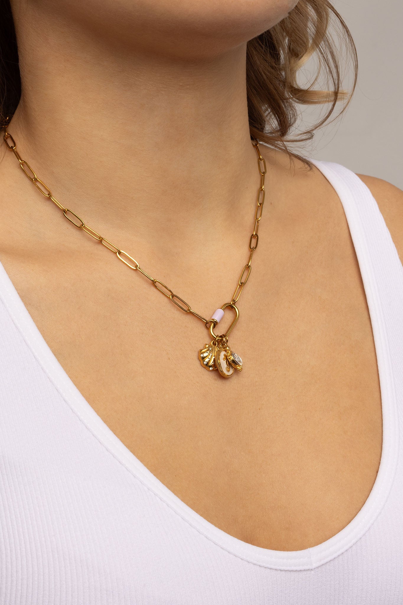 Gold Shell Charm – PVD Gold Jewelry with Hand Set Crystals | Stainless Steel Pendant