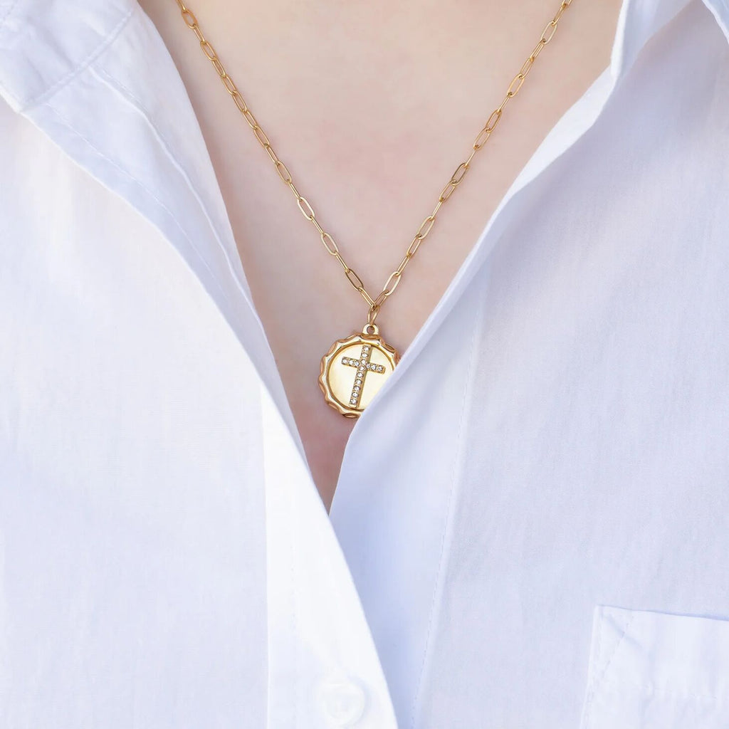 Gold Cross Pendant – 18K Gold Jewelry With Clear Stone Cross Charm, Polished Finish