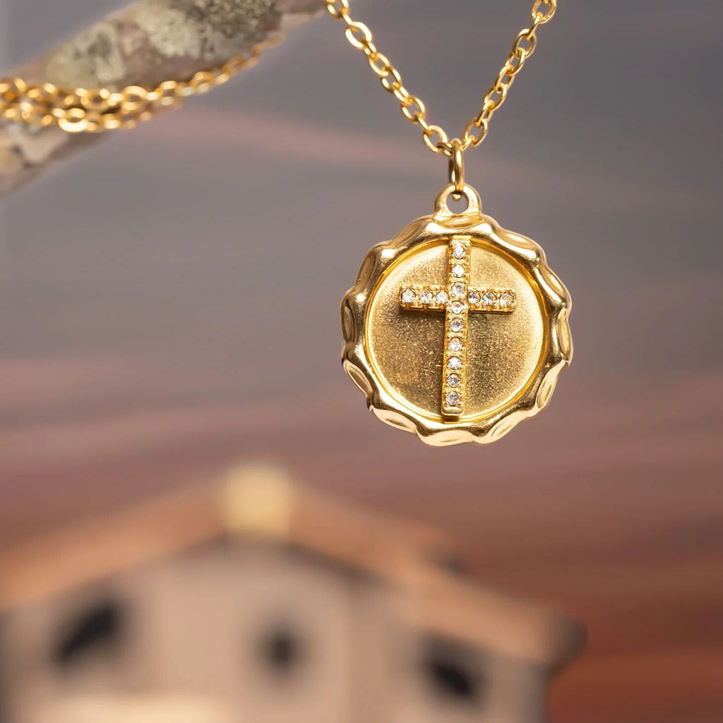 Gold Cross Pendant – 18K Gold Jewelry With Clear Stone Cross Charm, Polished Finish