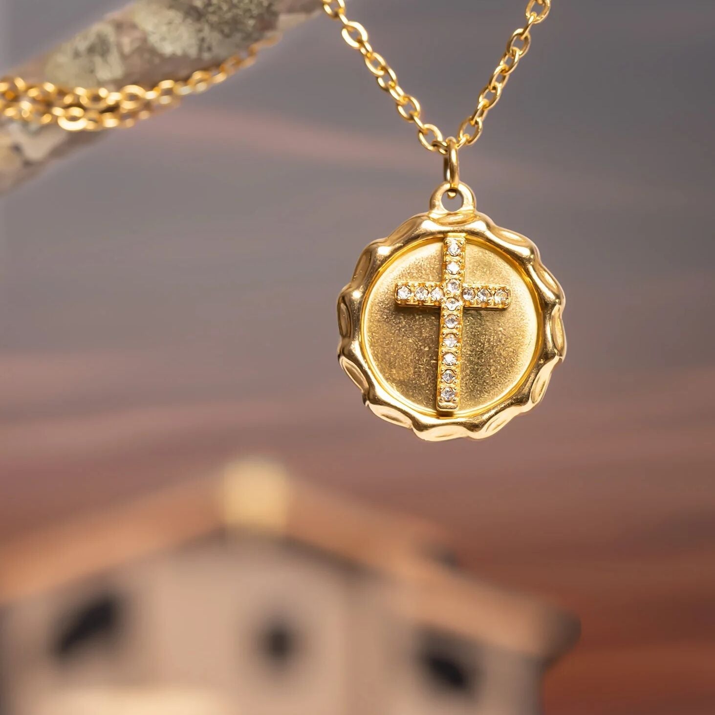 Gold Cross Pendant – 18K Gold Jewelry With Clear Stone Cross Charm, Polished Finish