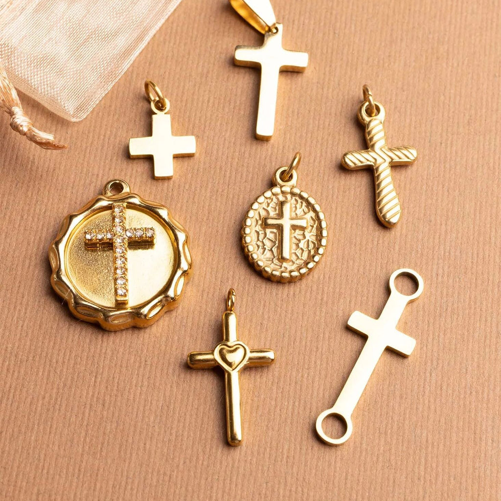 Gold Cross Pendant – 18K Gold Jewelry With Clear Stone Cross Charm, Polished Finish