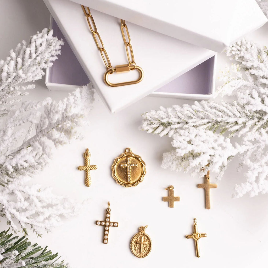 Gold Cross Pendant – 18K Gold Jewelry With Clear Stone Cross Charm, Polished Finish