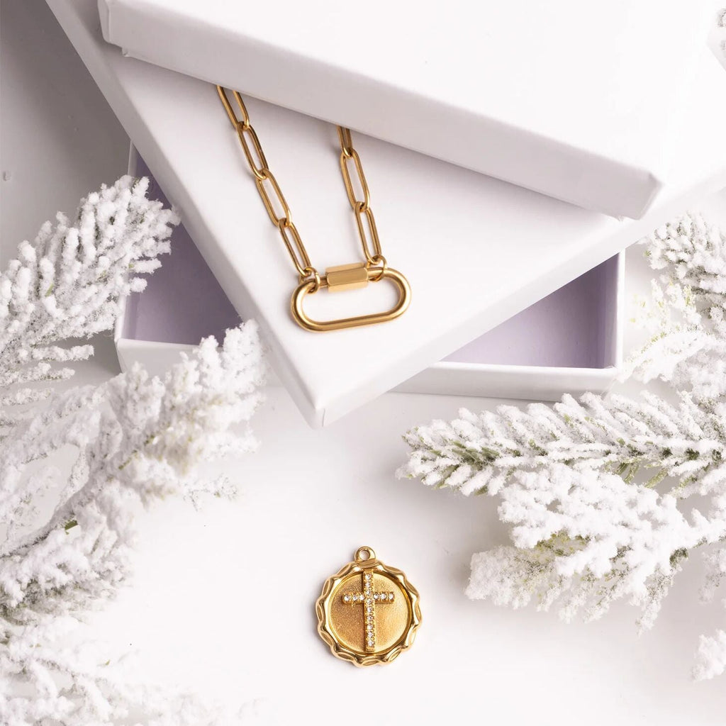 Gold Cross Pendant – 18K Gold Jewelry With Clear Stone Cross Charm, Polished Finish