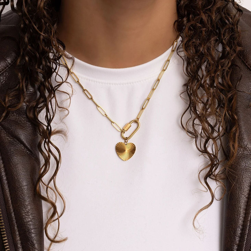 Gold Heart Charm – 18K Gold Jewelry Pendant | Stainless Steel Sunburst Design