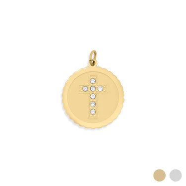 18K Gold PVD Stainless Steel Stone Cross Charm