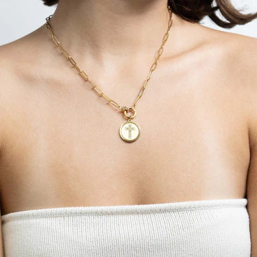 18K Gold PVD Stainless Steel Stone Cross Charm