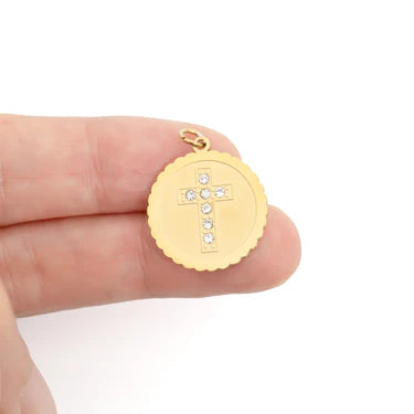 18K Gold PVD Stainless Steel Stone Cross Charm