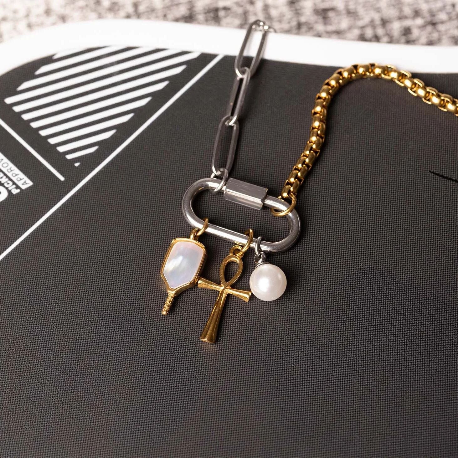 Pickleball Charm 18K Gold Stainless Steel With Mother Of Pearl Inlay - PVD Coated Jewelry