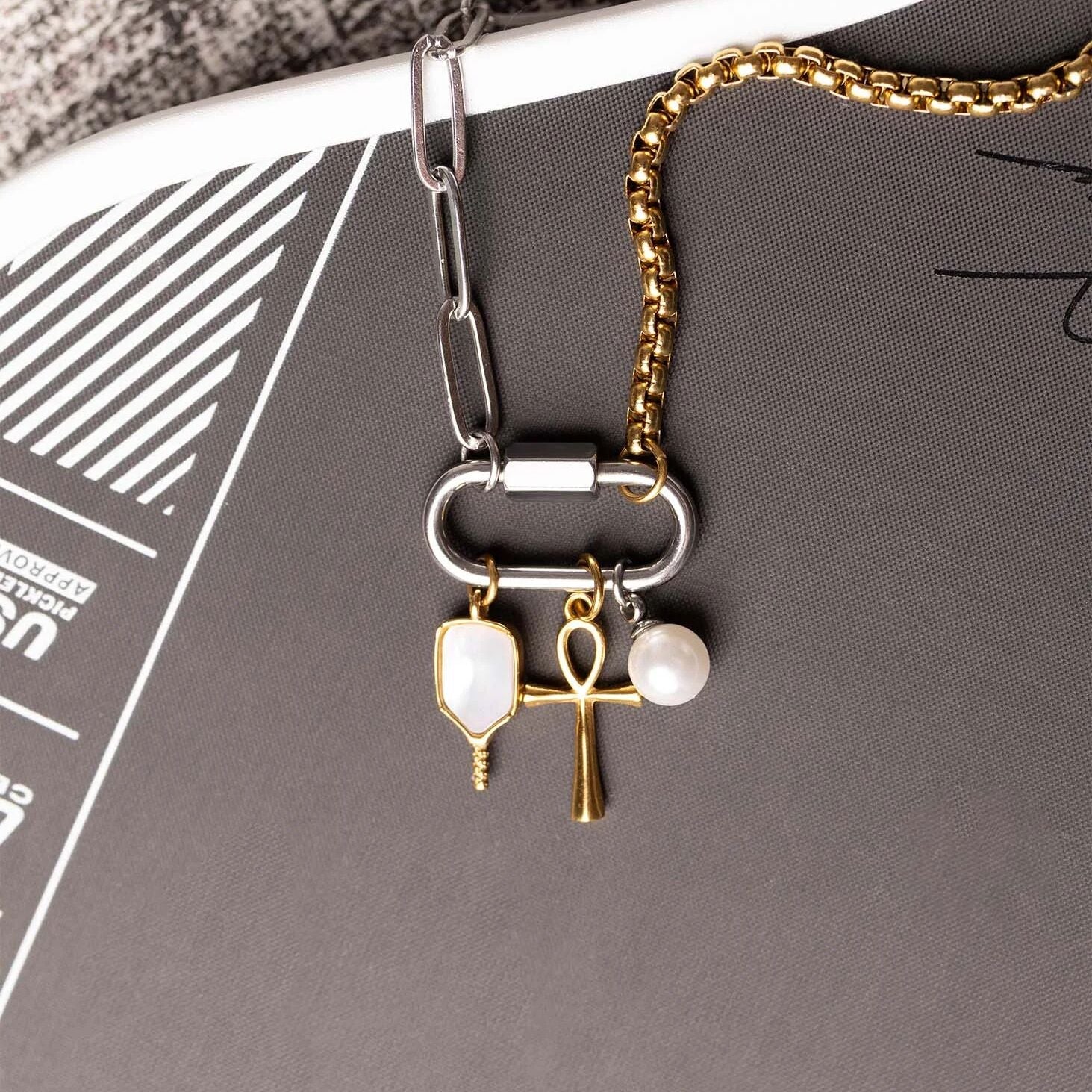 Pickleball Charm 18K Gold Stainless Steel With Mother Of Pearl Inlay - PVD Coated Jewelry