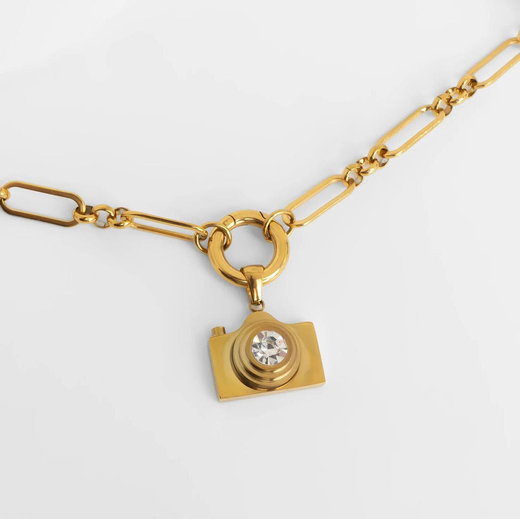 Gold Camera Charm – 18K PVD Coated Stainless Steel Artistic Pendant for Photography Lovers