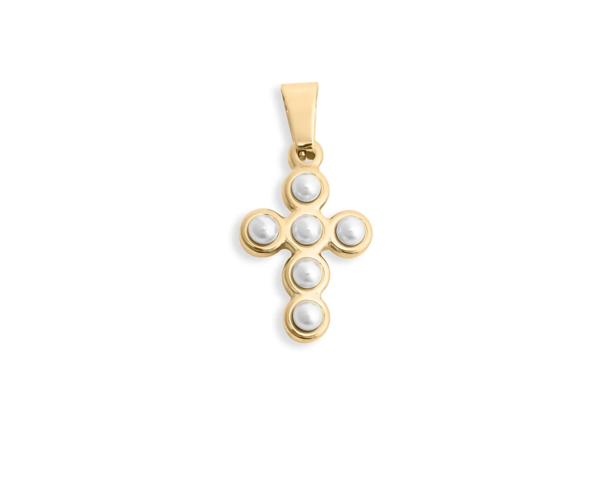 Gold cross pendant with pearls on a white background