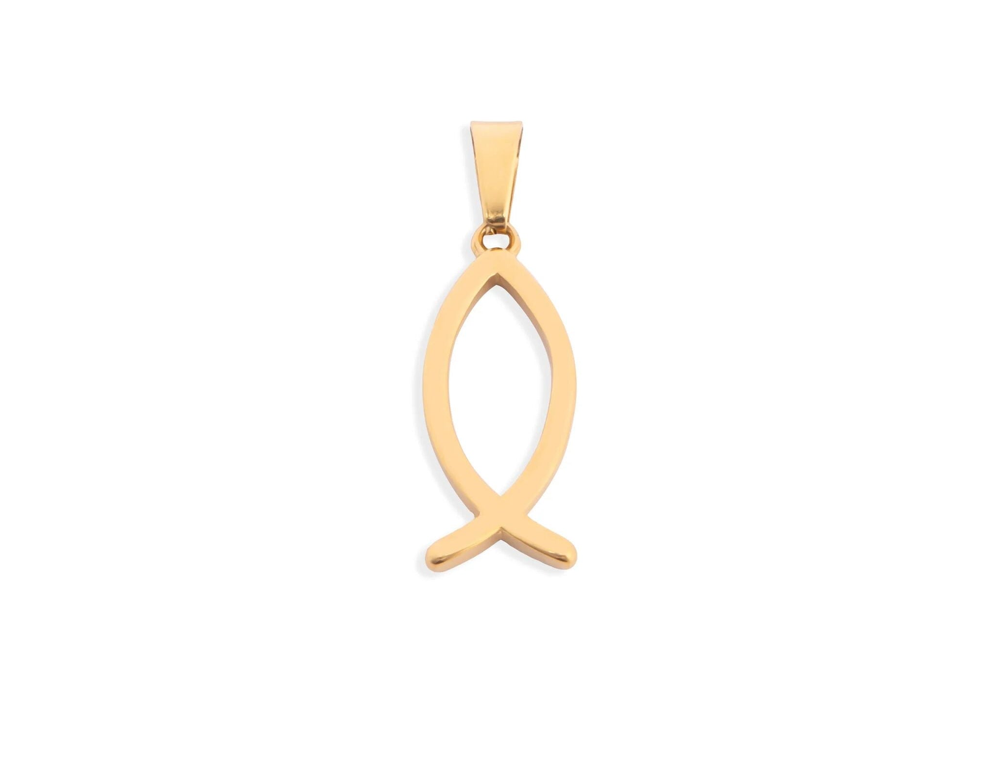 Gold fish-shaped pendant on a white background