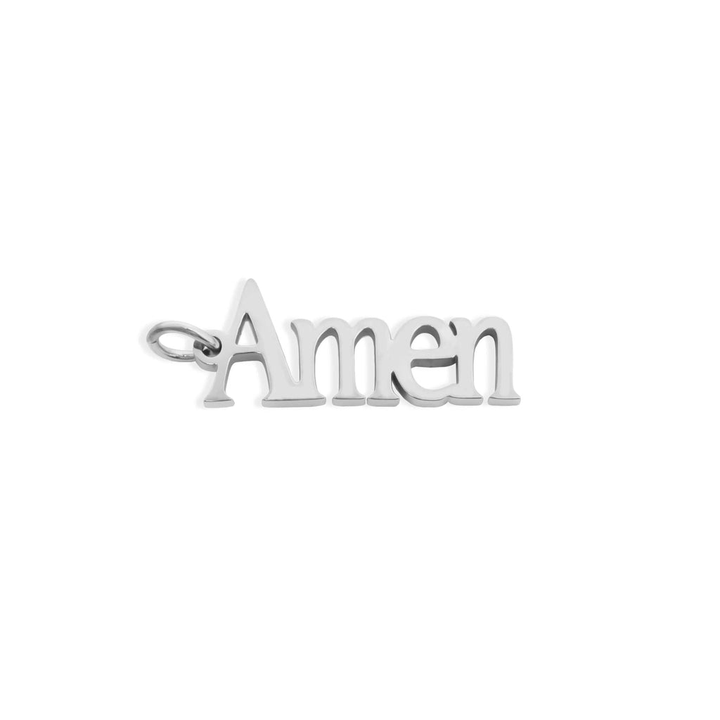Silver 'Amen' pendant on a white background