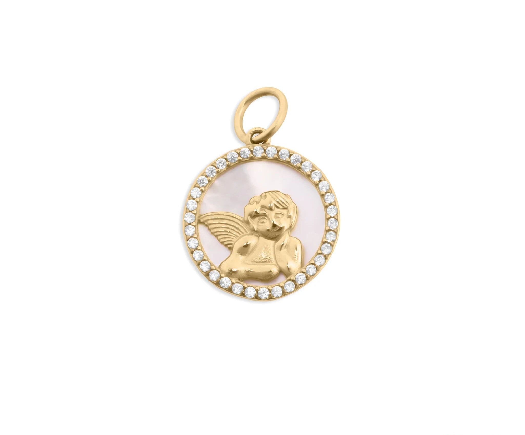 Gold pendant with an angelic figure and pearl-like stones on a white background