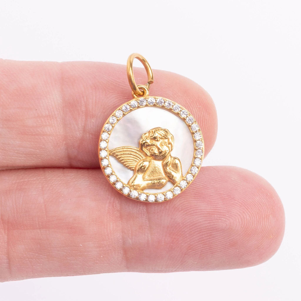 Gold Angel Pendant – 18K Gold PVD Stainless Steel Round MOP Charm with CZ Stones
