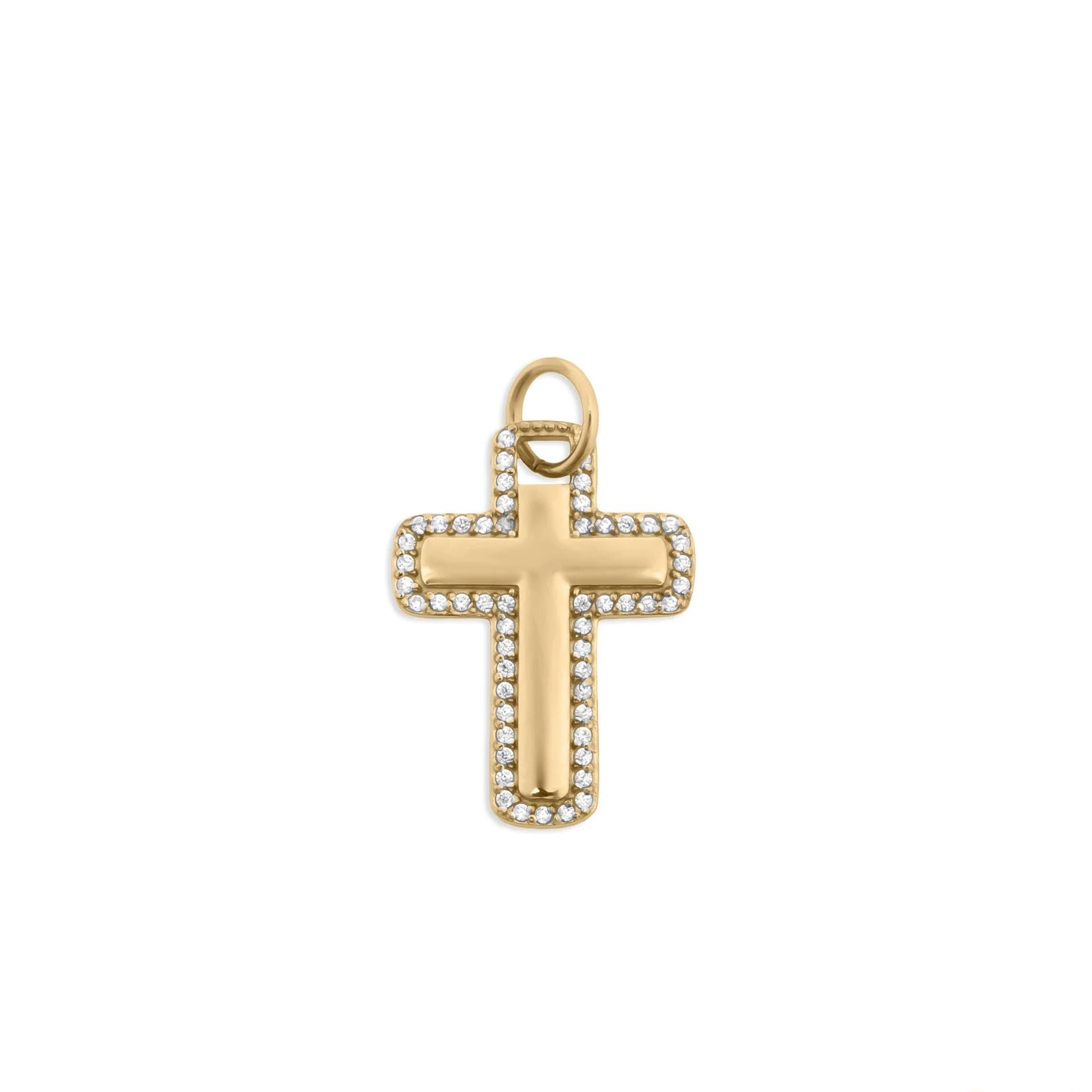Gold cross pendant with embedded stones on a white background
