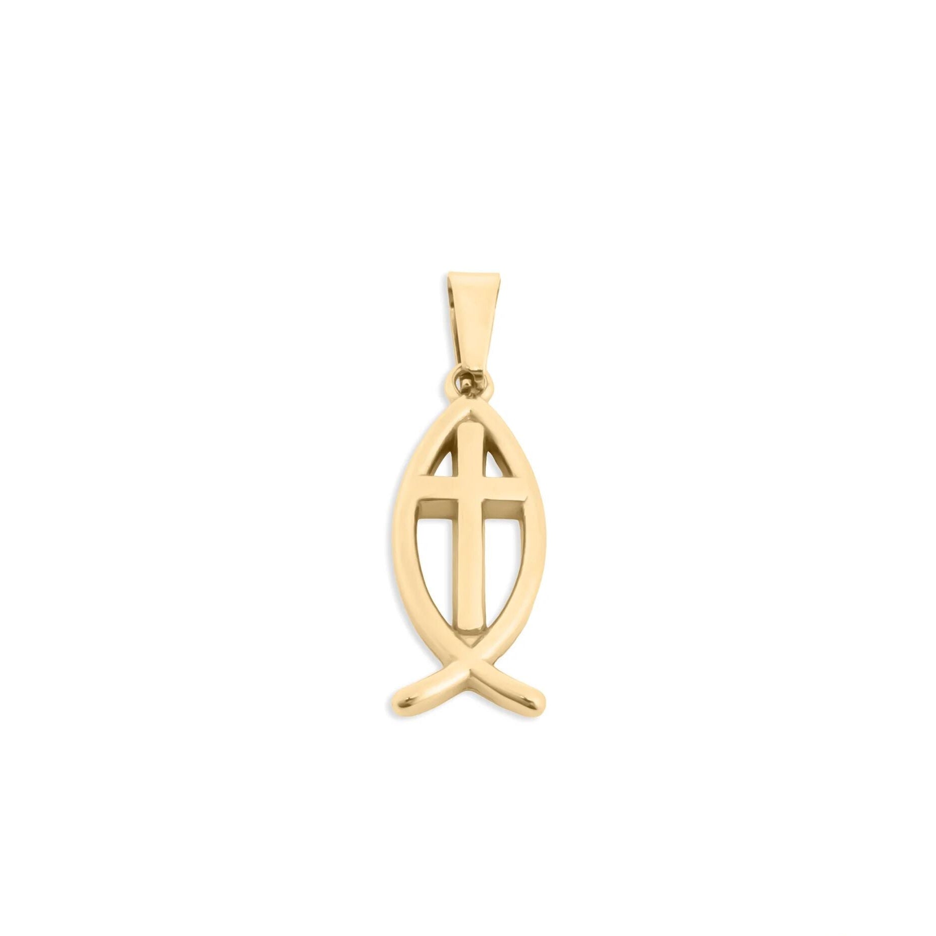 Gold fish pendant with cross symbol on a white background