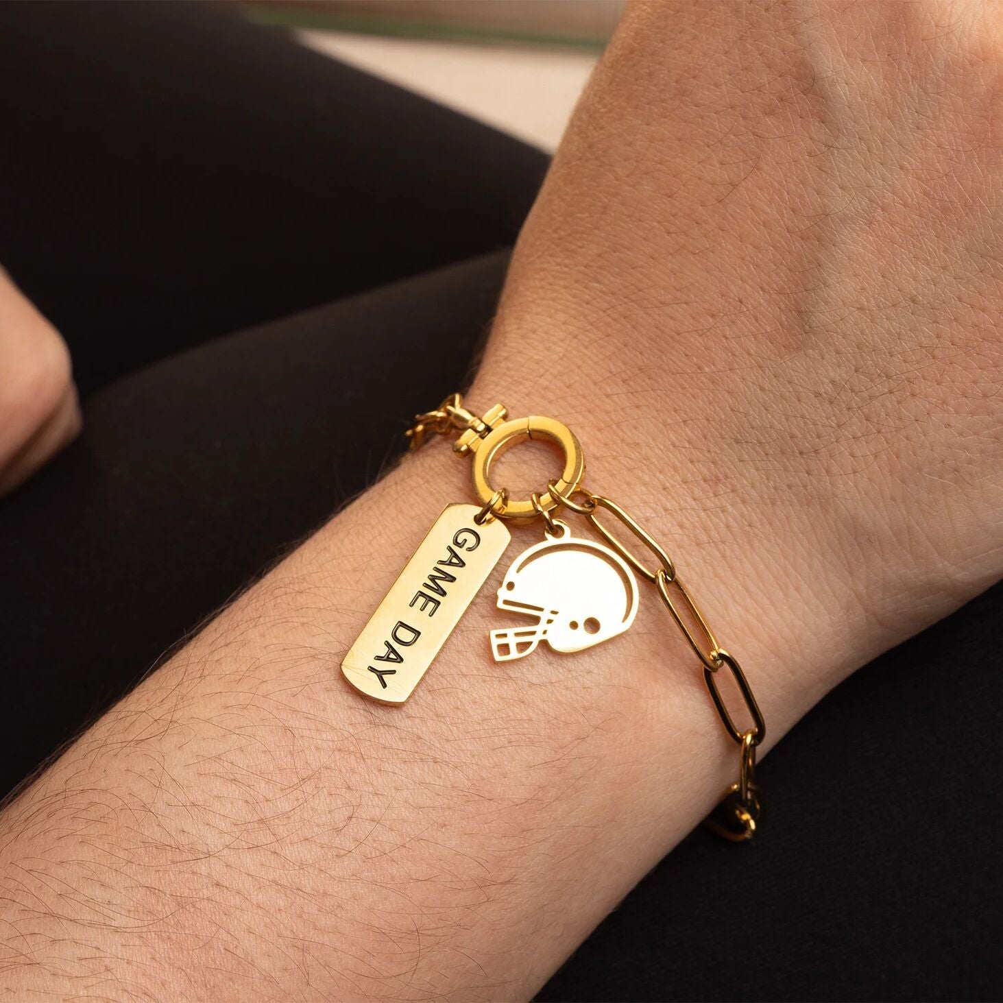 Gold Game Day Charm – 18K Gold PVD Coated Stainless Steel Script Style Accessory
