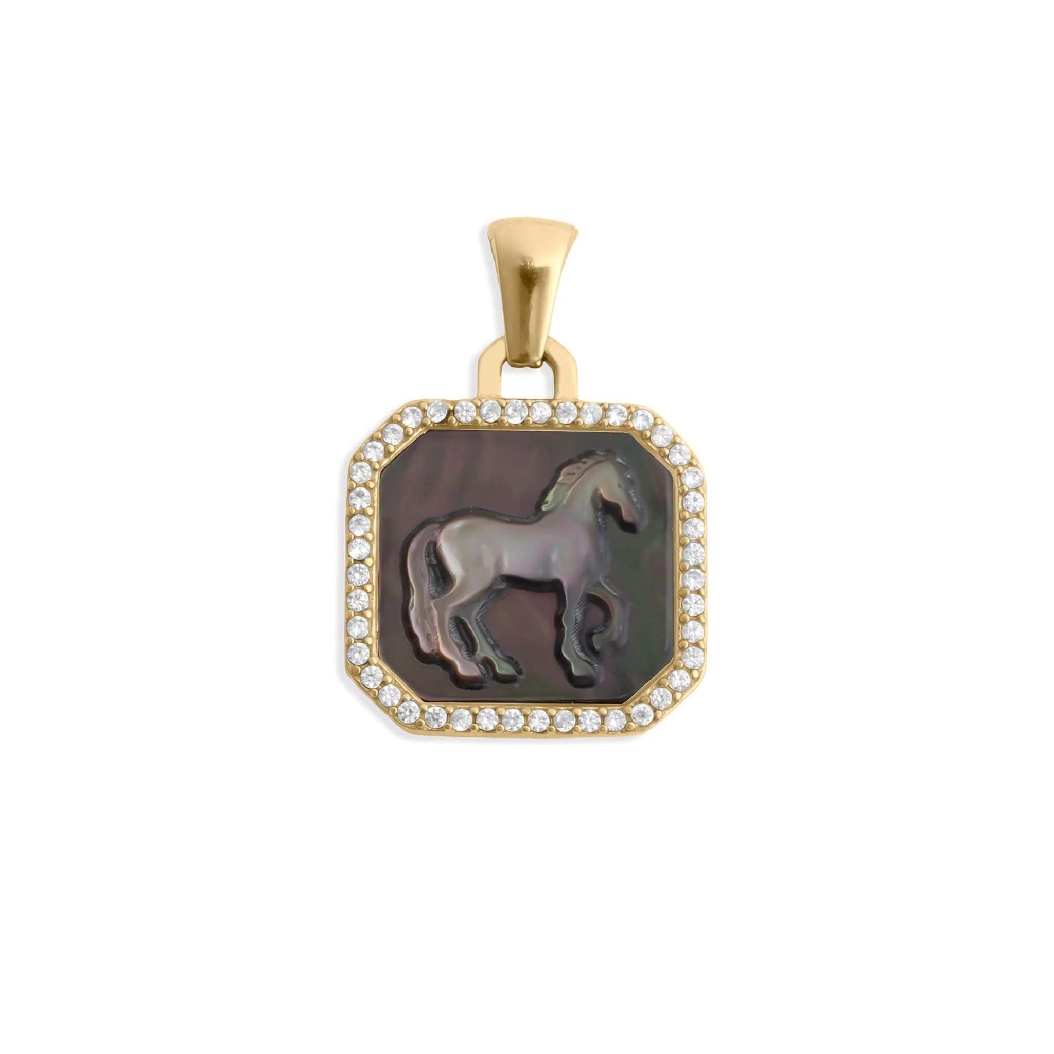 Gold pendant with a horse design and clear stones on a white background