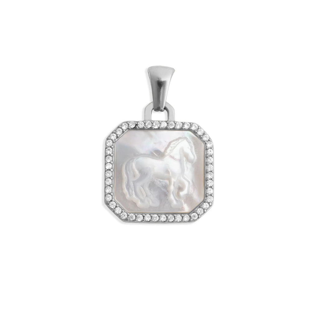 Silver pendant with a horse design on a white background