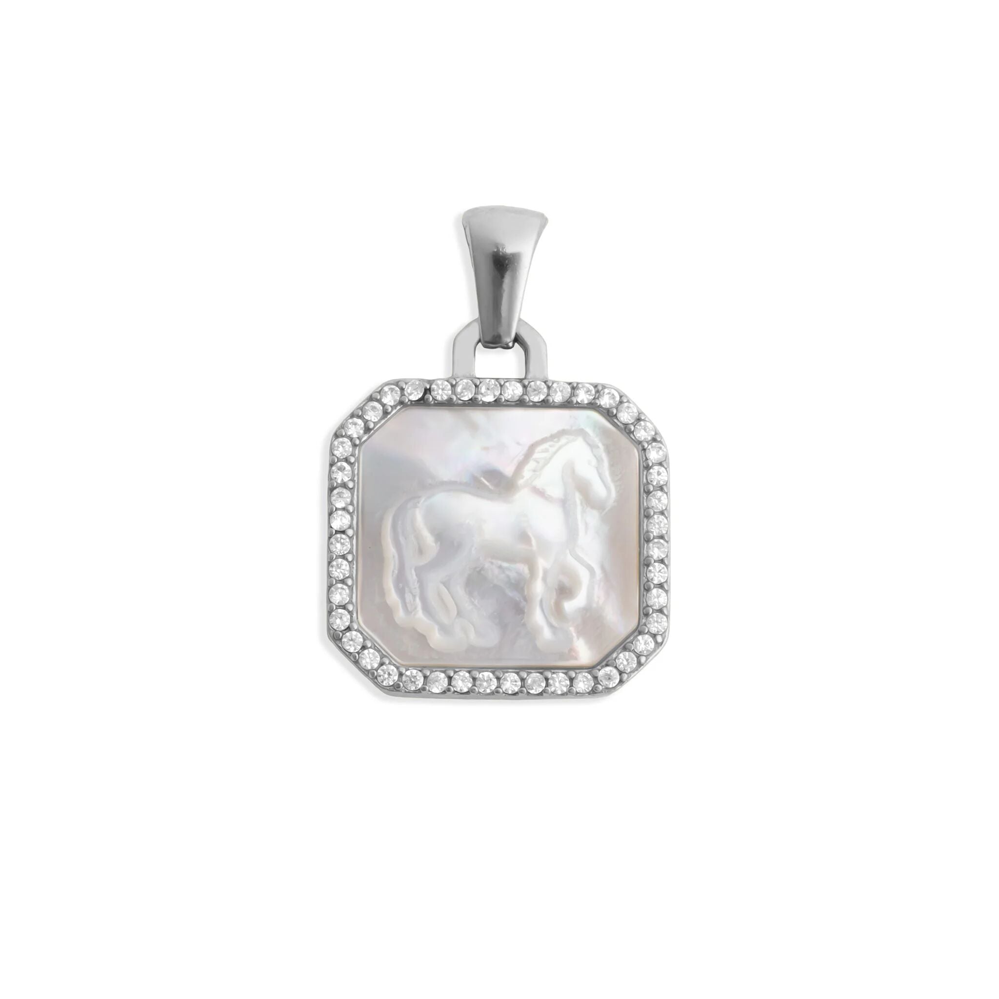 Silver pendant with a horse design on a white background