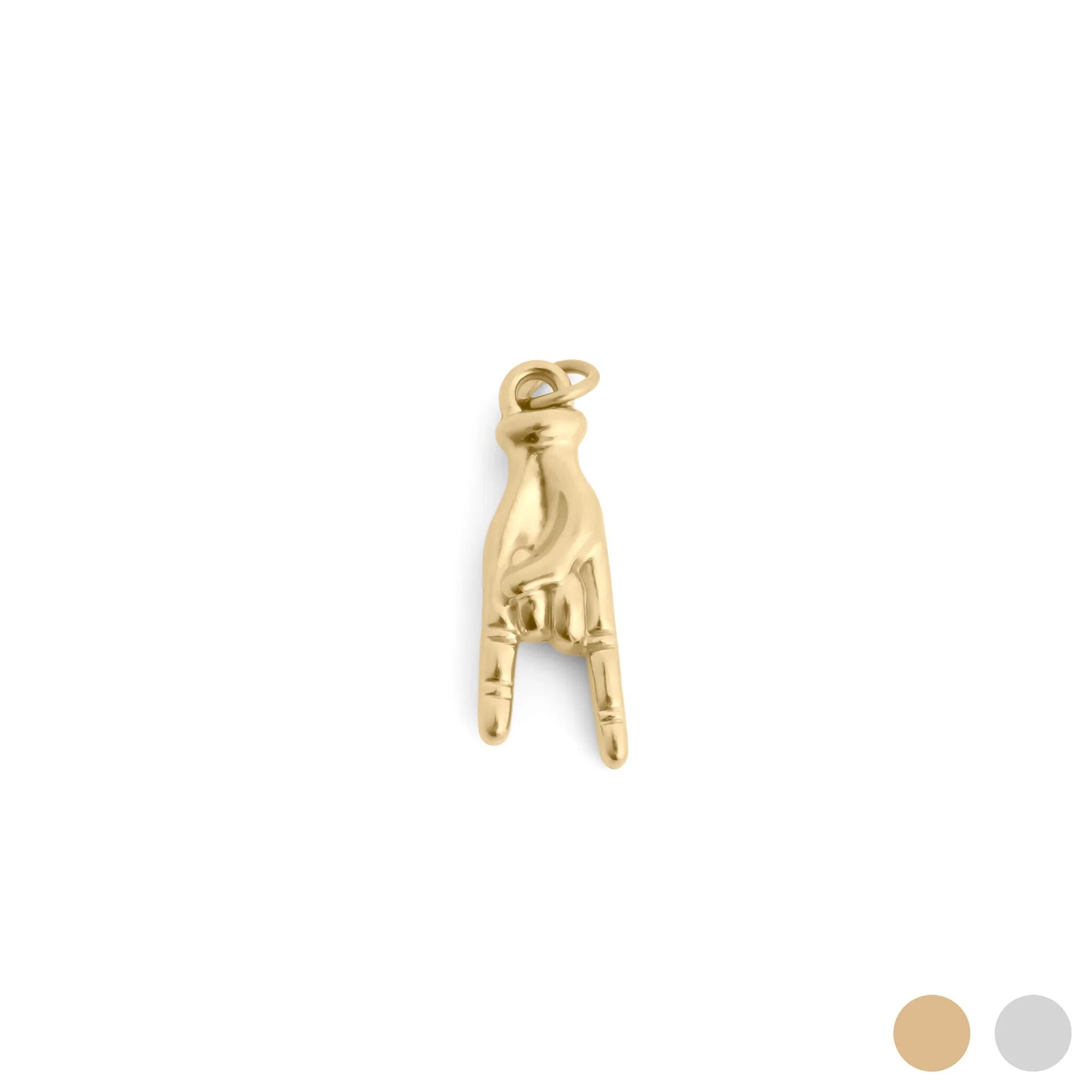 Gold hand-shaped pendant on a white background