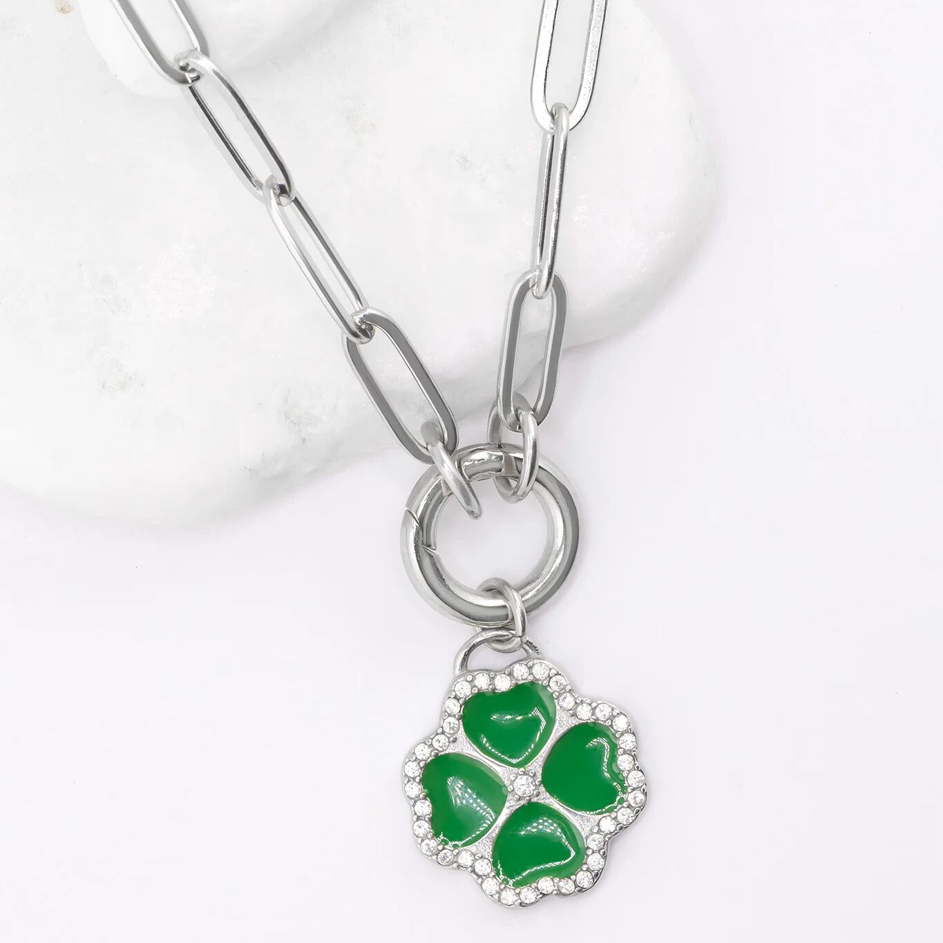 Silver Green Four Leaf Clover Charm 