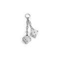 Silver dice charm on a white background