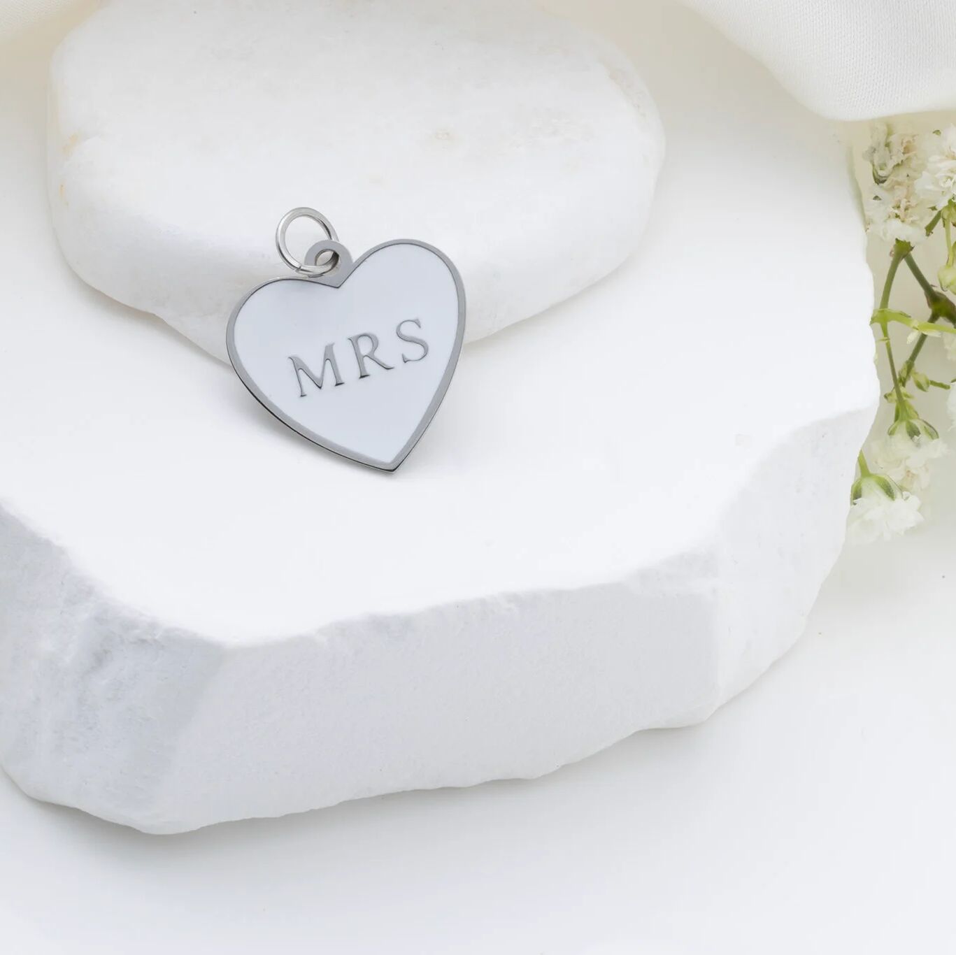 18K Gold PVD Stainless Steel White Heart Mrs Charm- silver studio 
