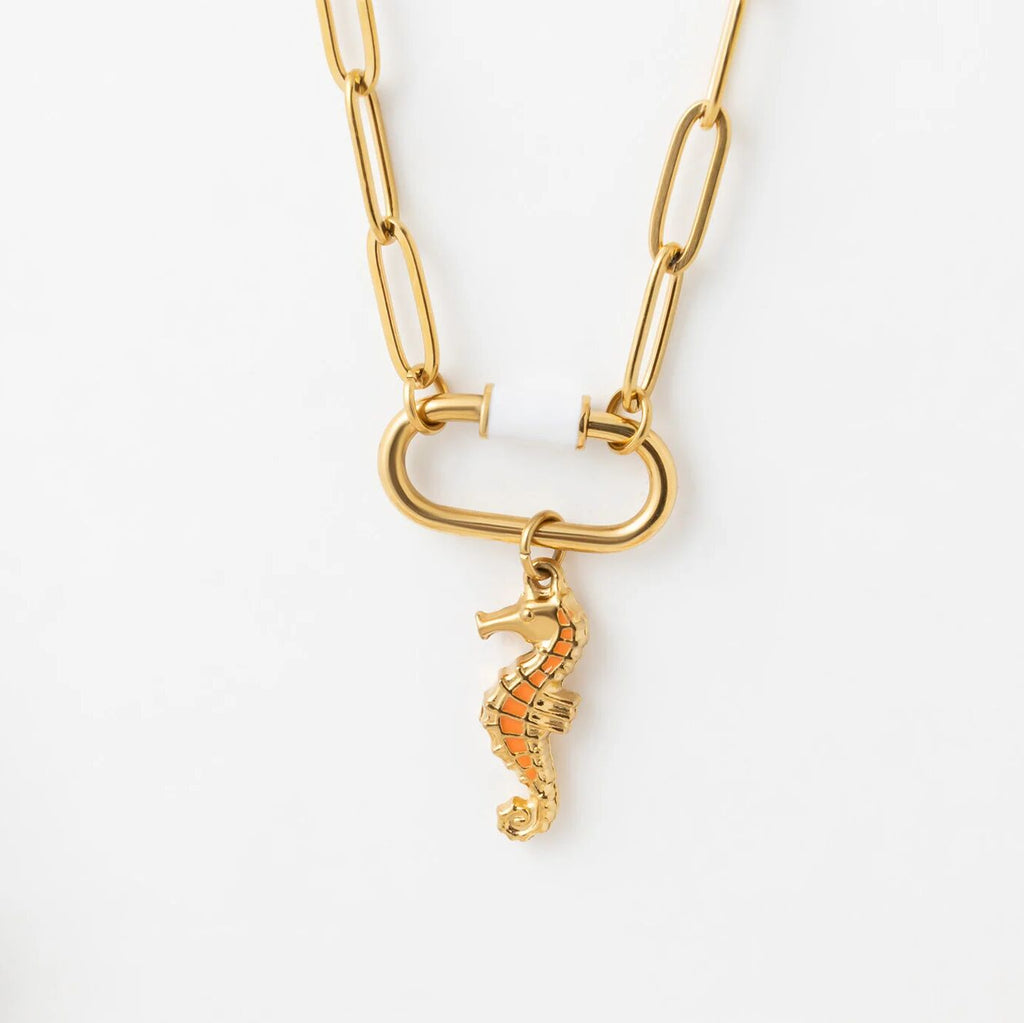 18K Gold Seahorse Charm - Vibrant Epoxy Detail Stainless Steel Pendant