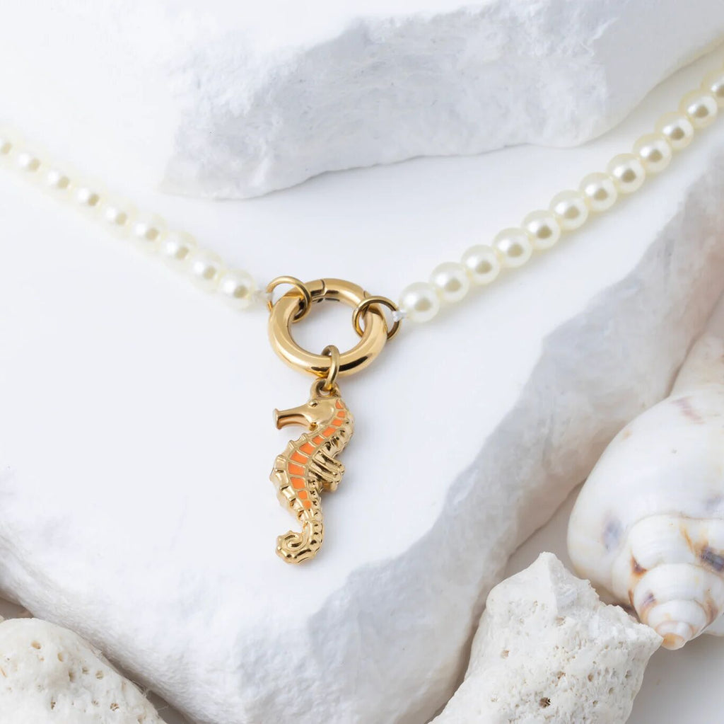 18K Gold Seahorse Charm - Vibrant Epoxy Detail Stainless Steel Pendant