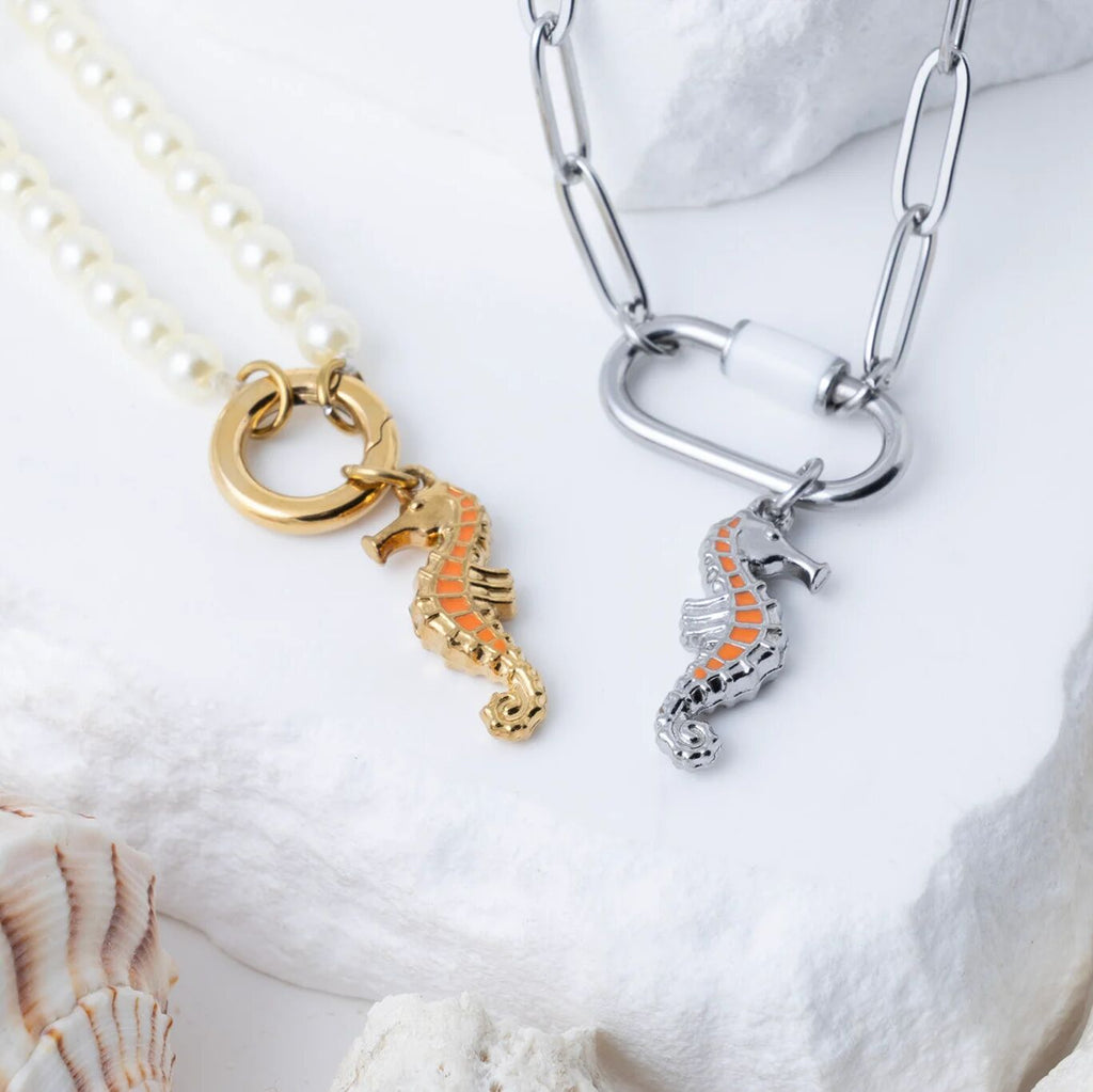 18K Gold Seahorse Charm - Vibrant Epoxy Detail Stainless Steel Pendant