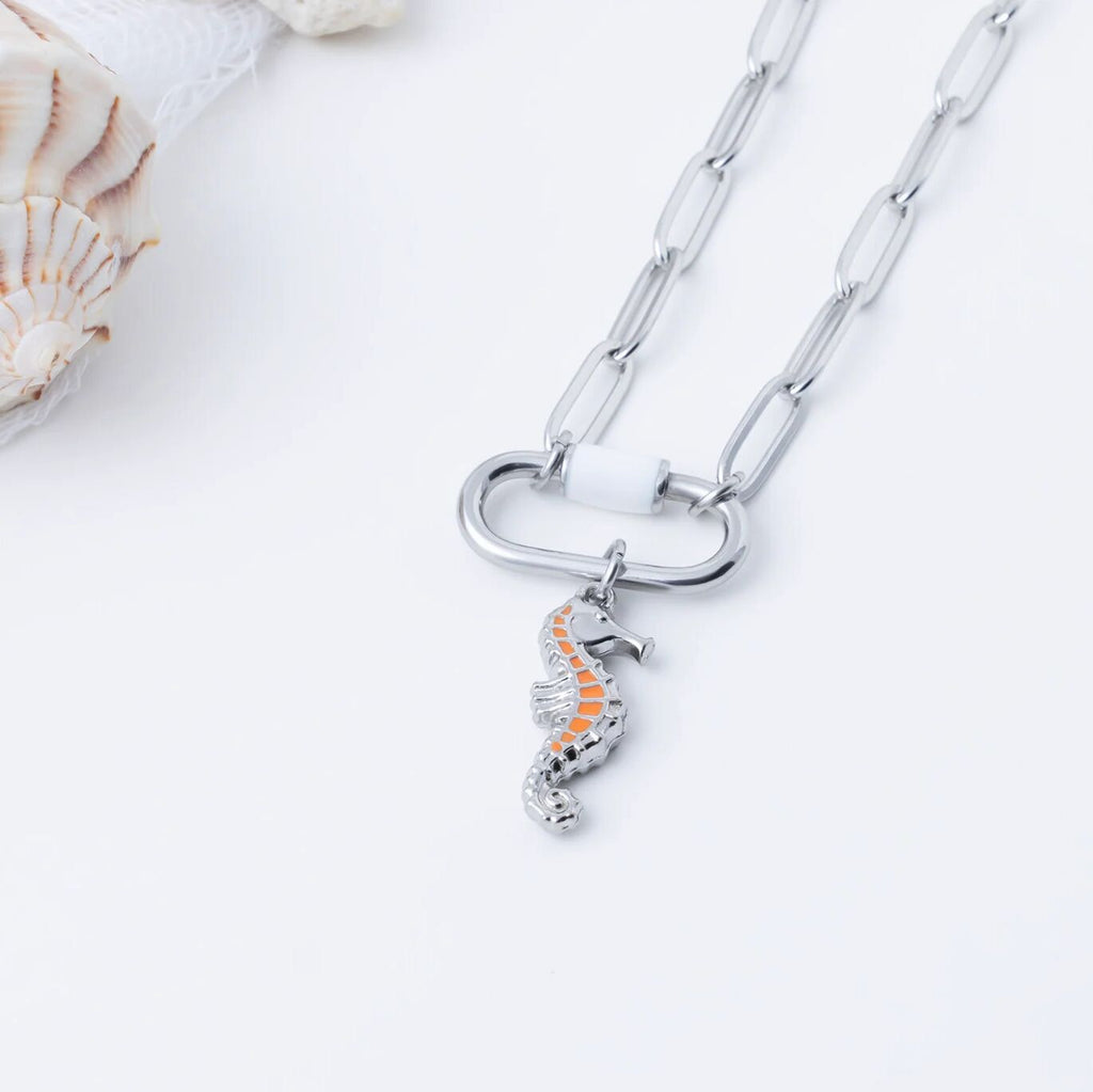18K Gold Seahorse Charm - Vibrant Epoxy Detail Stainless Steel Pendant