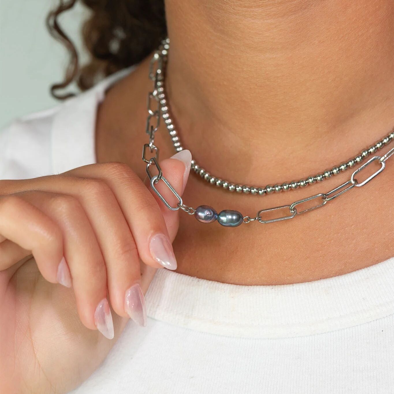 Silver Double Black Pearl Charm Connector Charm