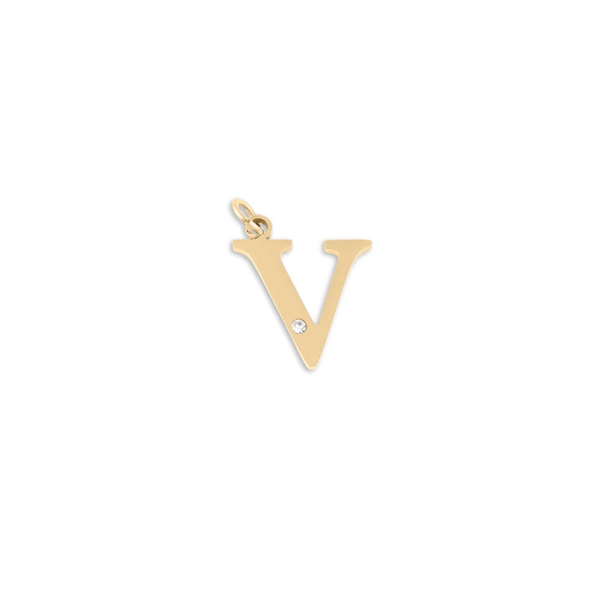 18K Gold PVD Stainless Steel Letter with Crystal Charm 15mm -V