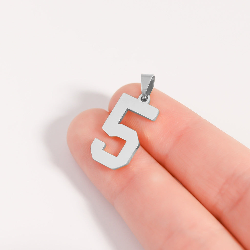 Stainless Steel Number Pendant - Waterproof 316L Surgical Sport Number Charm Necklace