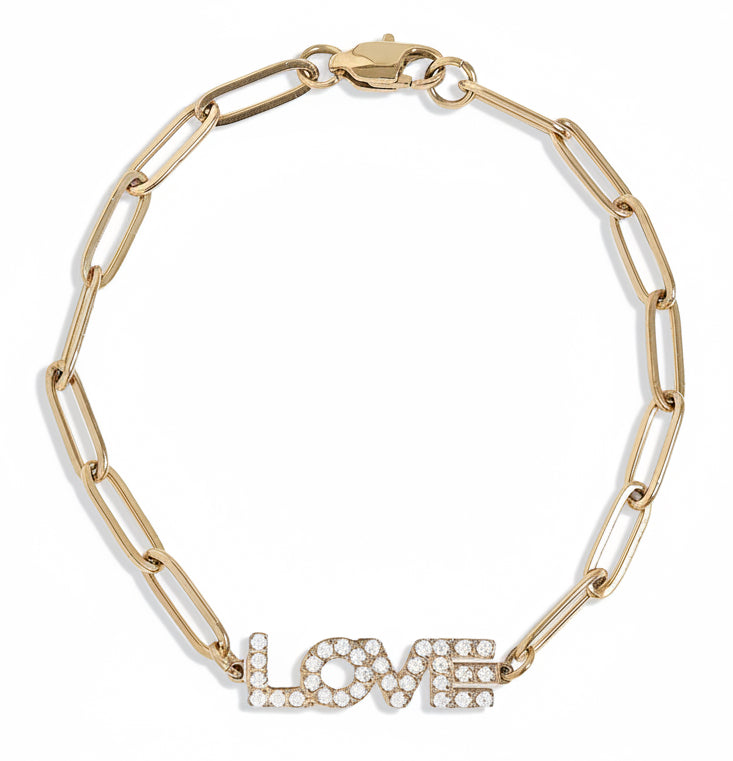 Gold Paperclip Bracelet – Adjustable 18K Gold Chain With CZ Stones & Love Pendant