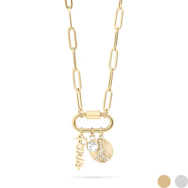 Paris Dream Charm Necklace – 18K Gold Paperclip Chain with Crystal & Sunburst